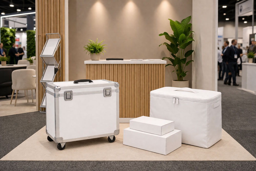 White cases and boxes arranged on a rug in a convention center.