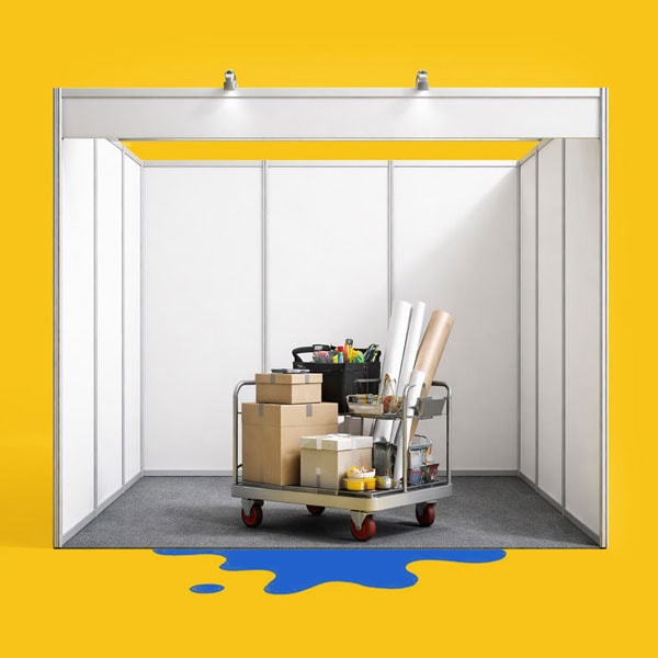 Empty booth with a cart full of boxes, tools, and rolled posters on a yellow background.