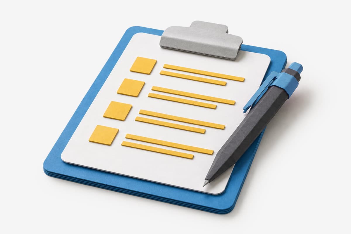 A clipboard with a checklist and a pen made from paper on a white background.