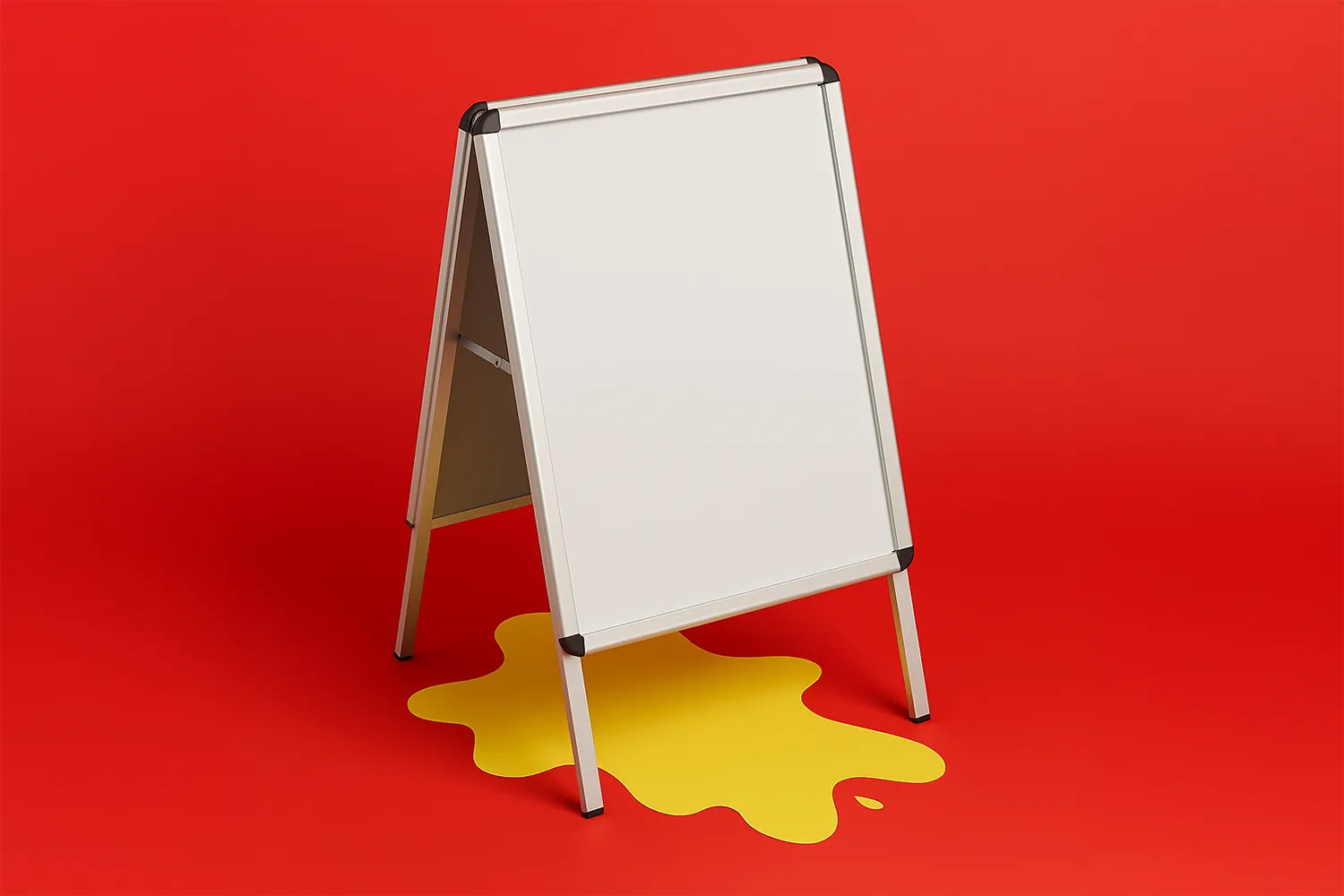 A blank a-frame board stands over a yellow spill on a solid red background.