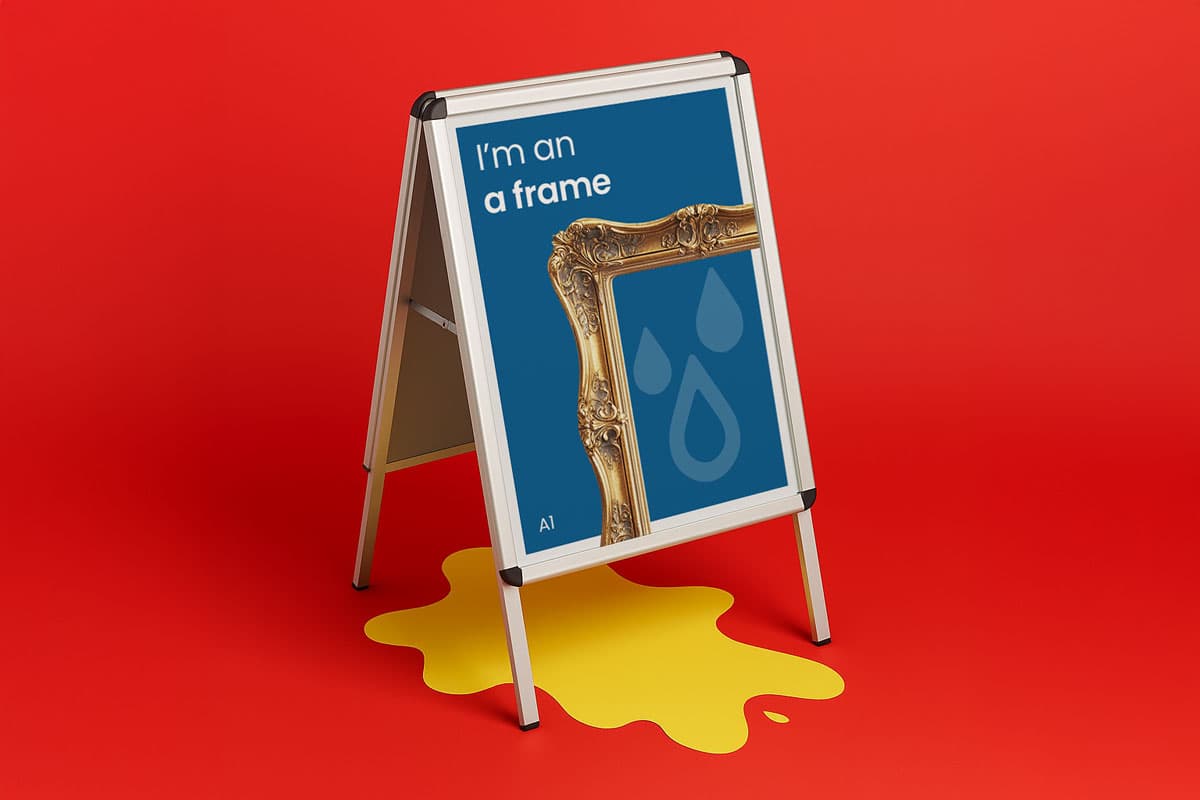 An a-frame board stands over a yellow spill on a solid red background.