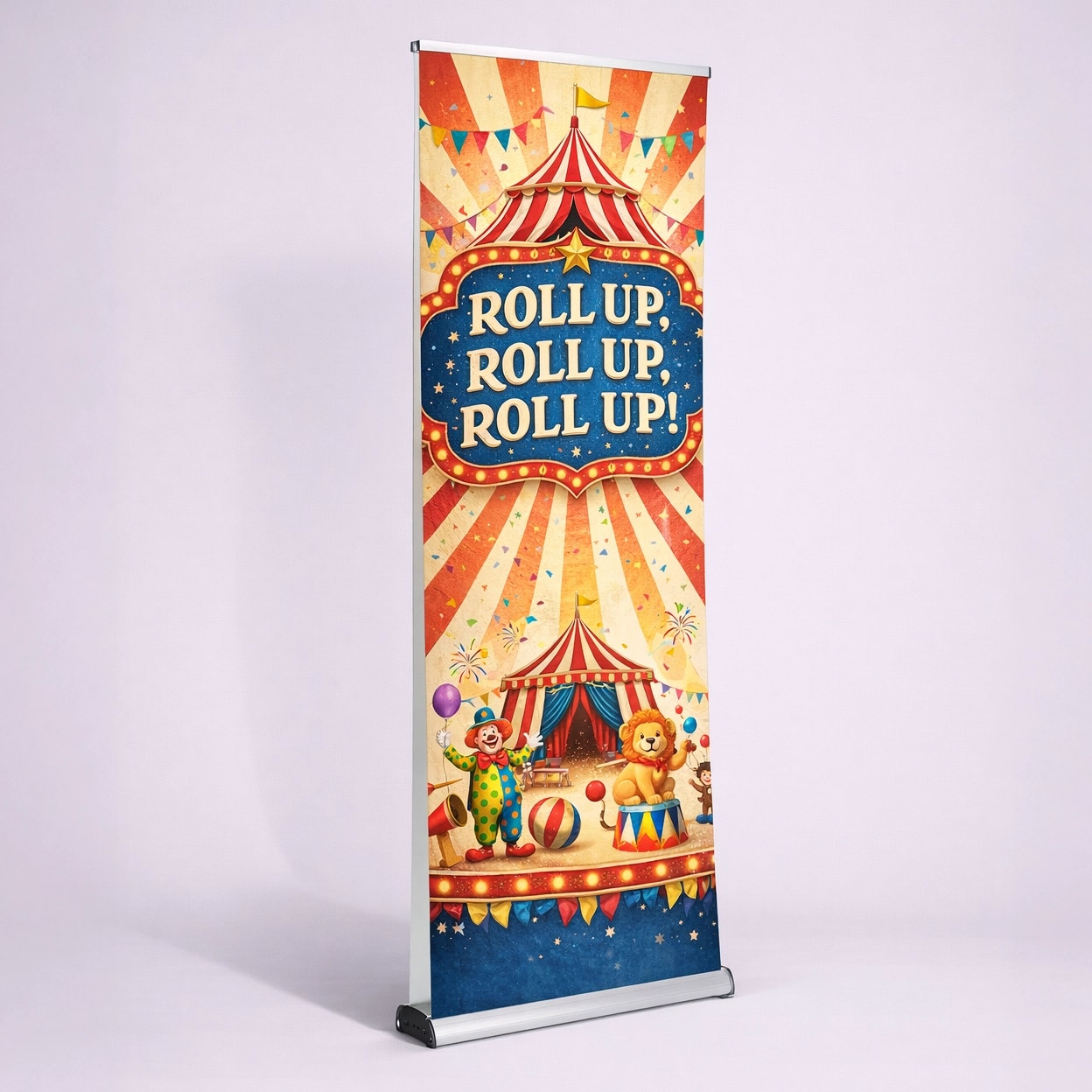Circus-themed double sided roller banner with "Roll Up, Roll Up, Roll Up!" and colorful animal illustrations.