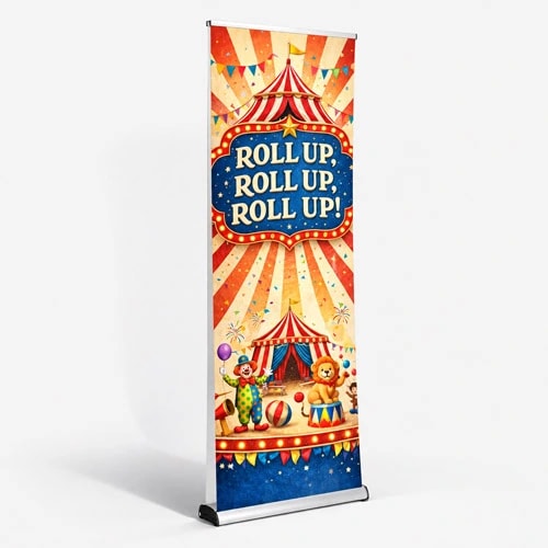 Circus-themed double sided roller banner with "Roll Up, Roll Up, Roll Up!" and colourful animal illustrations.