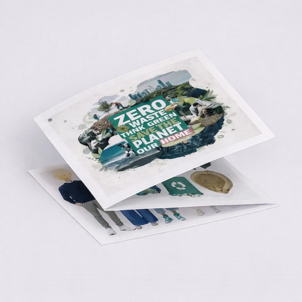 A folded recycled leafle displays "Zero Waste, Think Green, Save Our Planet, Our Home" with eco-themed images.