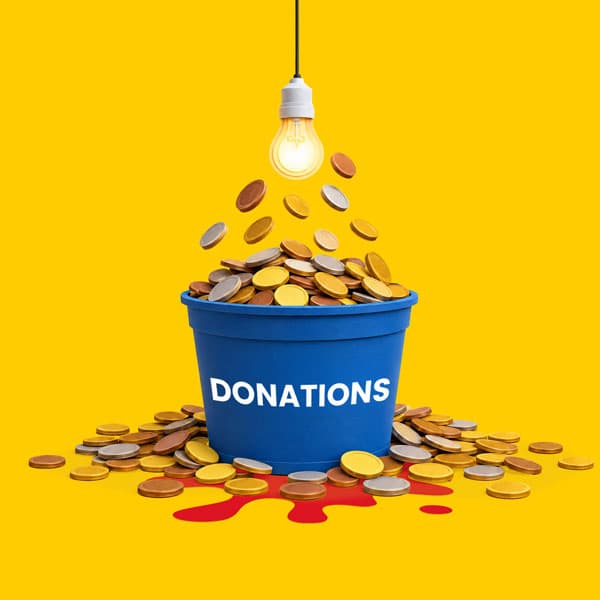 Blue bucket labeled “Donations” filled with coins under a lit lightbulb, yellow background.