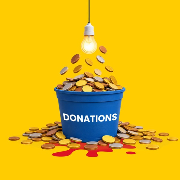 Blue bucket labeled “Donations” filled with coins under a lit lightbulb, yellow background.