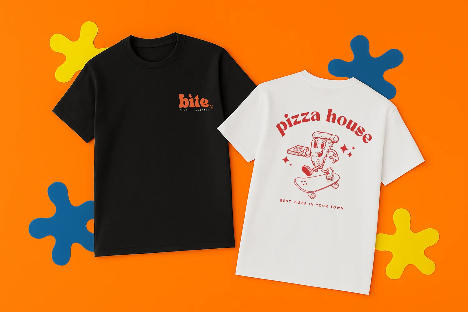 Black "bite" t-shirt and white "pizza house" t-shirt displayed on an orange background.