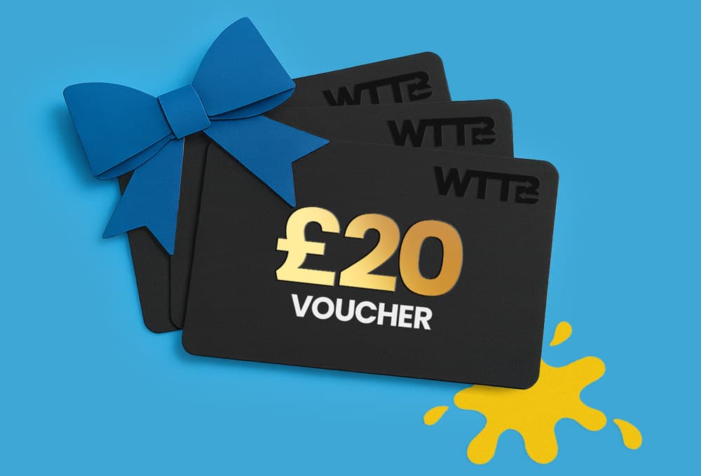 Three £20 vouchers with a blue bow and yellow splash on a blue background.