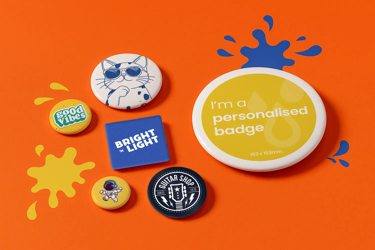 Six assorted colourful badges on an orange surface with blue and yellow splatter shapes.