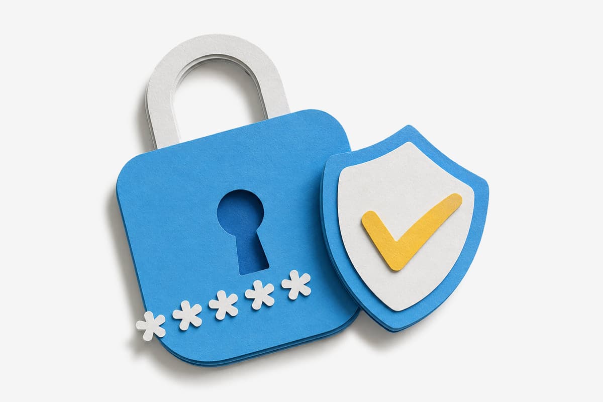 Blue padlock with password symbols and a shield with a yellow checkmark on a white background.