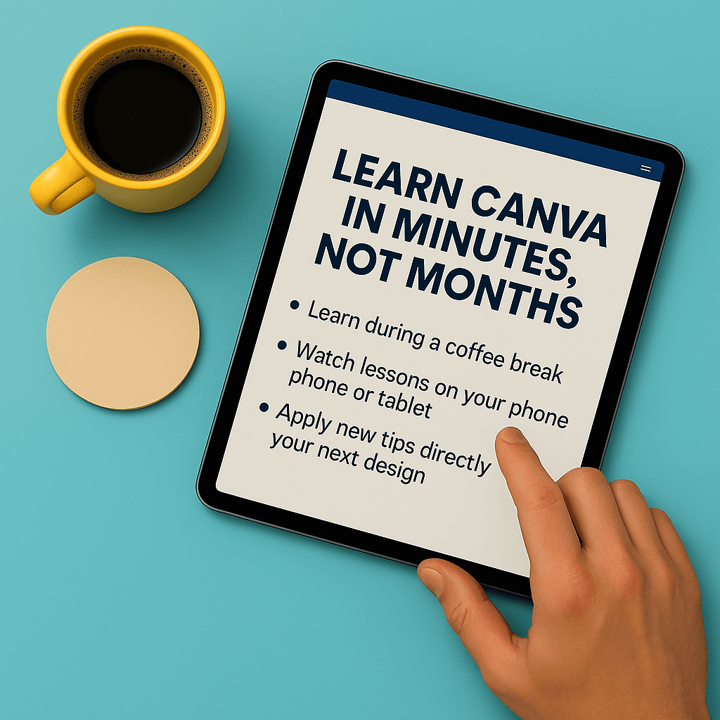 Hand holding tablet with Canva tutorial displayed, next to a cup of coffee on blue surface.