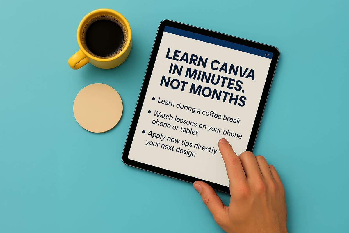 Hand holding tablet with Canva tutorial displayed, next to a cup of coffee on blue surface.