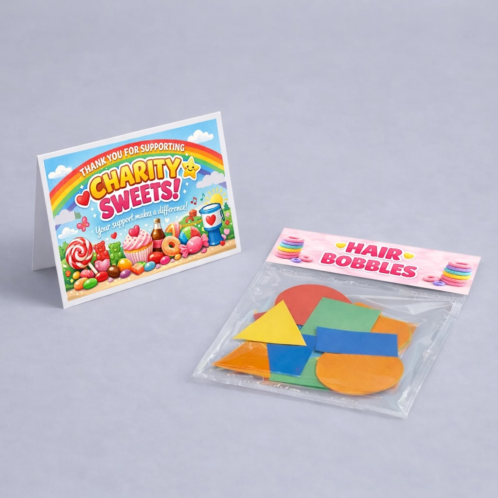 A charity sweets card bag topper and a pack of assorted colorful hair bobbles on a light surface.