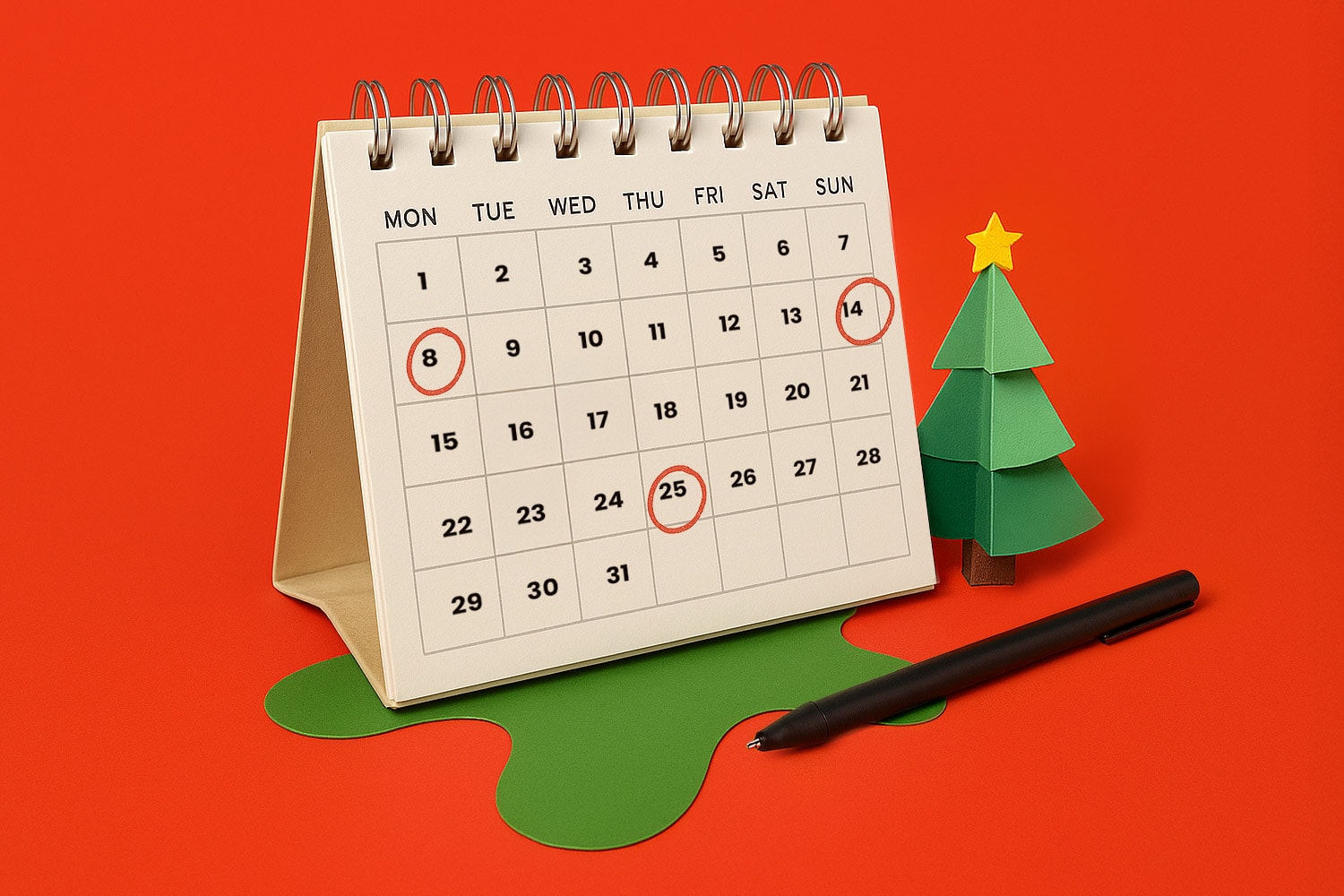 Desk calendar with December dates circled, paper Christmas tree, and black pen on red background.