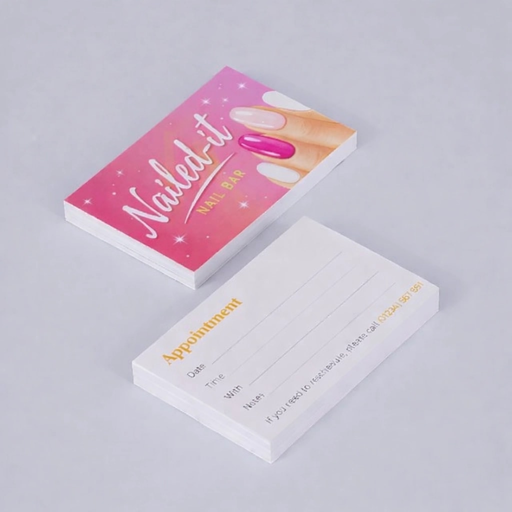 Two stacks of "Nailed it Nail Bar" appointment cards on a plain surface.