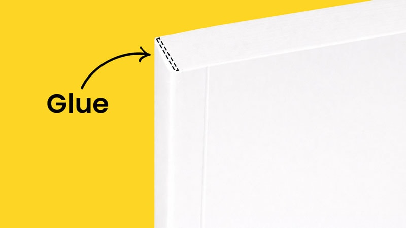 Book cover on yellow background with a "Glue" label and arrow pointing to the edge.