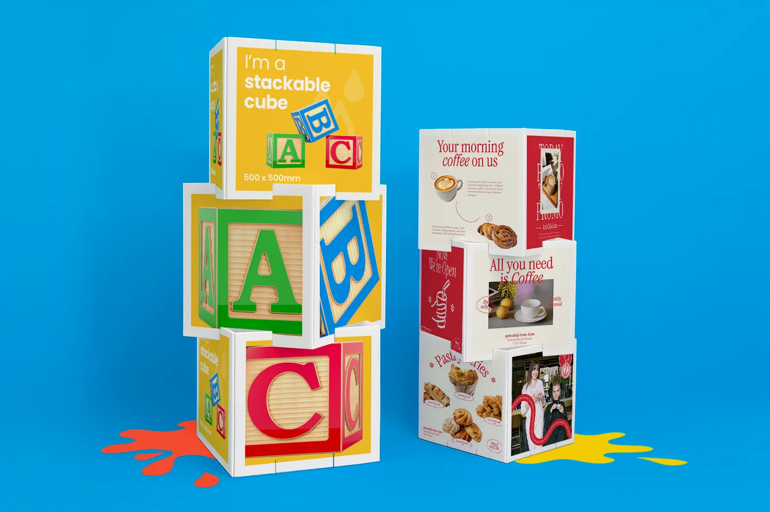 Two stacks of colorful promotional cubes with playful and coffee-themed designs on a blue background.