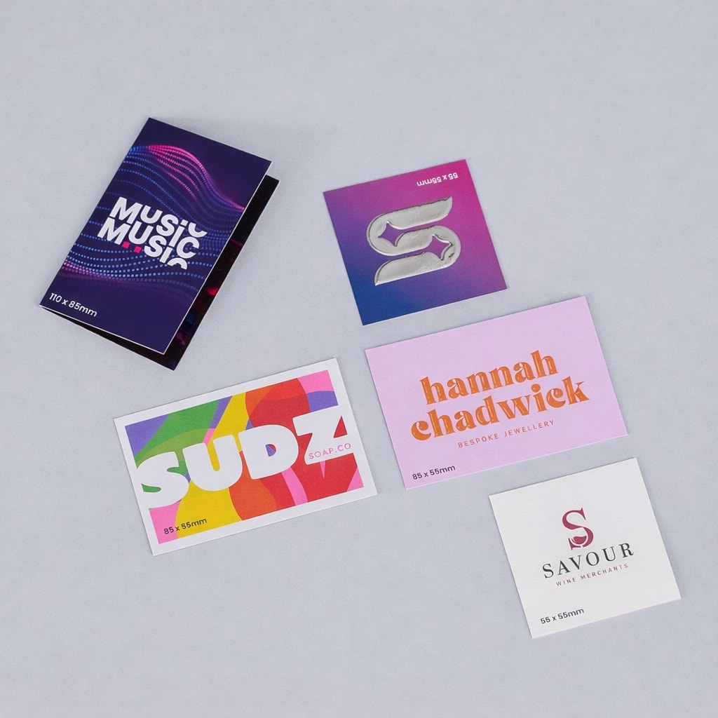 Five colorful custom business cards with various designs and company names displayed on a gray surface.