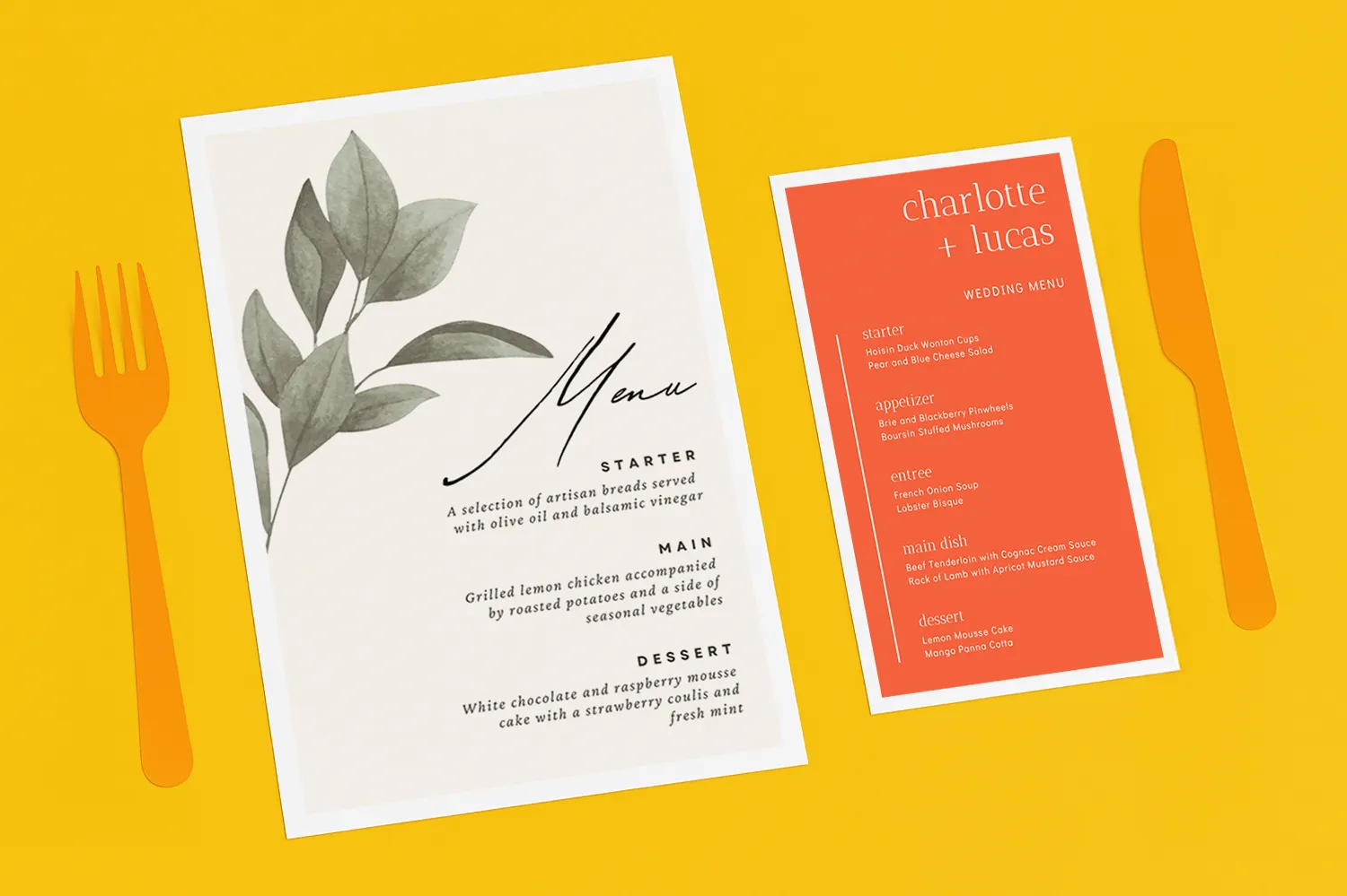 Two wedding menus on a yellow background with orange fork and knife placed beside them.