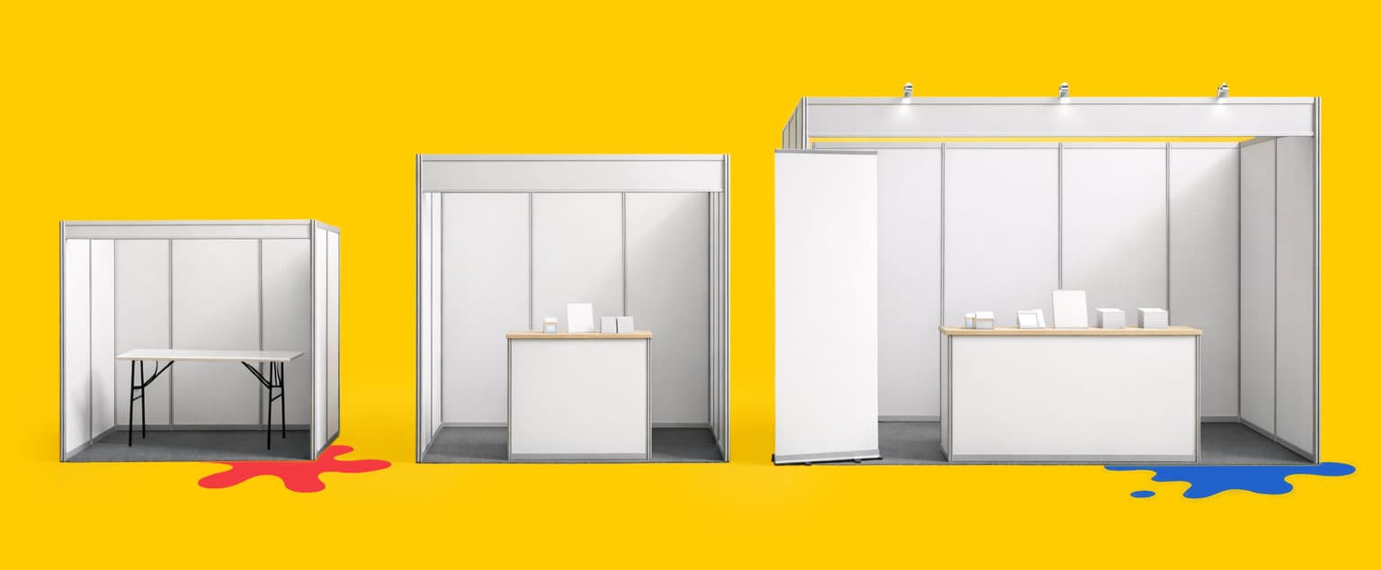 Three white exhibition booths of different sizes on a yellow background with paint splashes.
