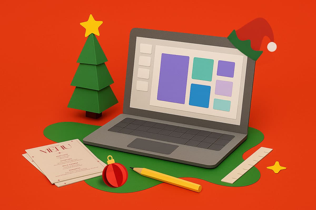 Paper laptop with a Santa hat, paper Christmas tree, menu, pencil, and ornament on red background.