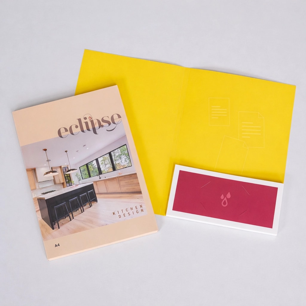 Presentation folders, yellow folder, and red envelope arranged on a white surface.
