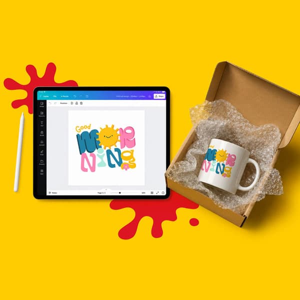 Tablet with colorful “Good Morning” design beside a mug with the same design in a box.