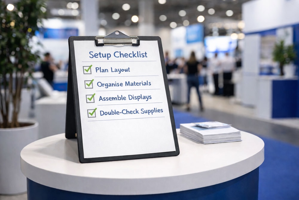 Clipboard with a setup checklist on a round table at a trade show or event venue.