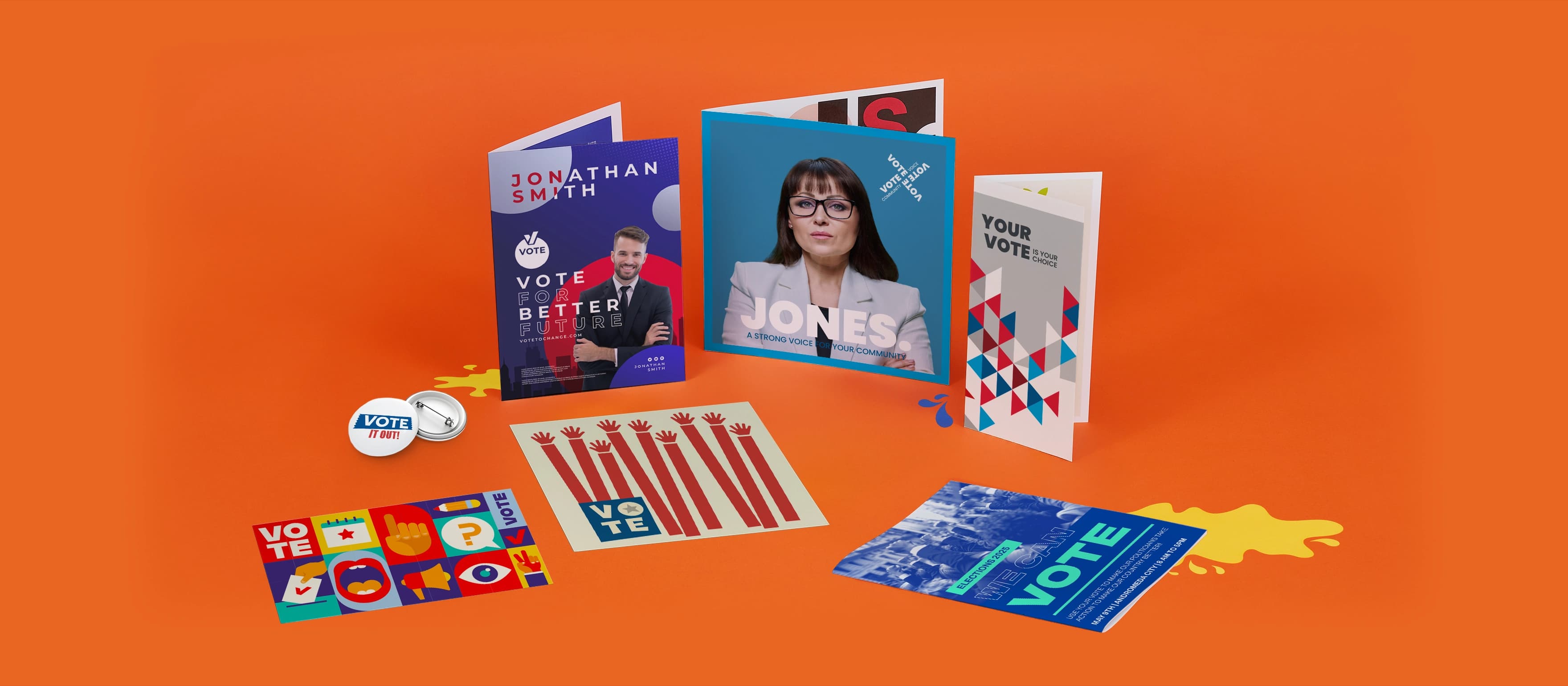 Election campaign materials on an orange background, including flyers and pins.