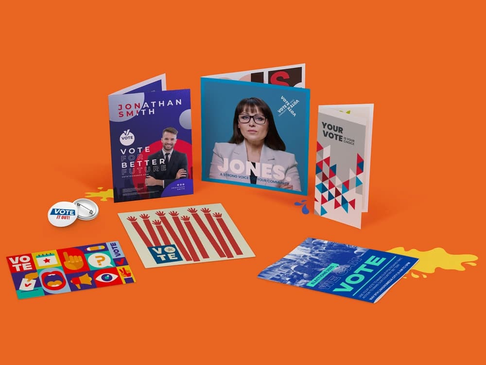 Election campaign materials on an orange background, including flyers and pins.