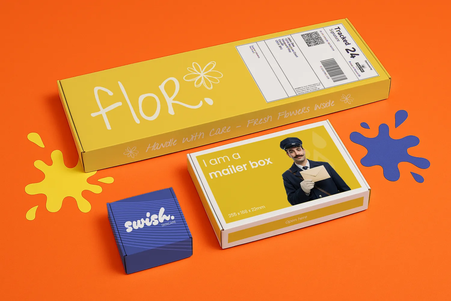 Three branded mailer boxes on an orange surface with yellow and blue splashes.