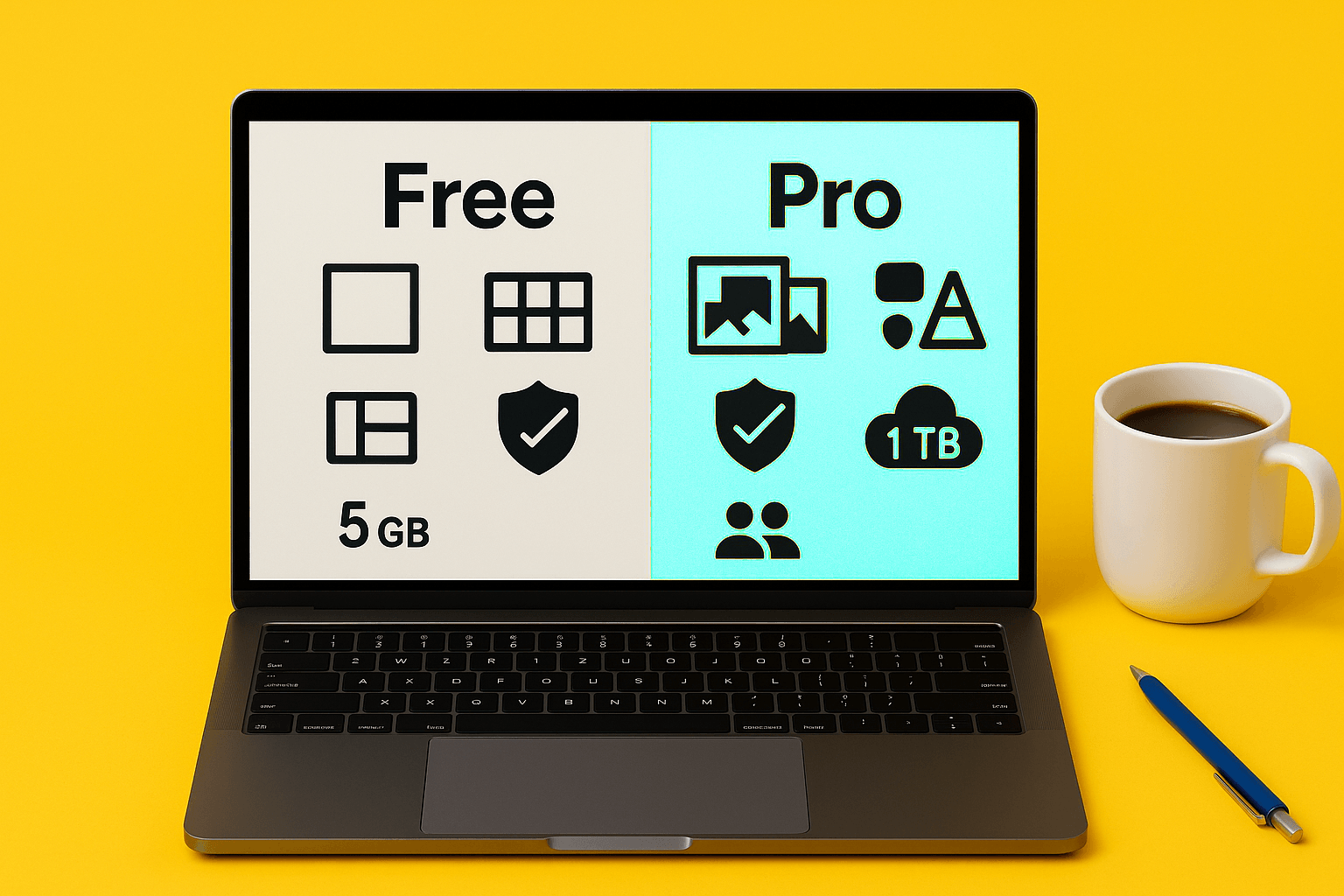 Laptop screen shows a comparison between Canva Free and Pro software plans with icons and features.