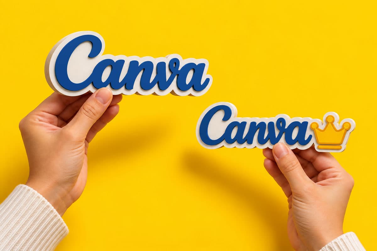 Two hands hold “Canva” signs, one with a crown, against a bright yellow background.