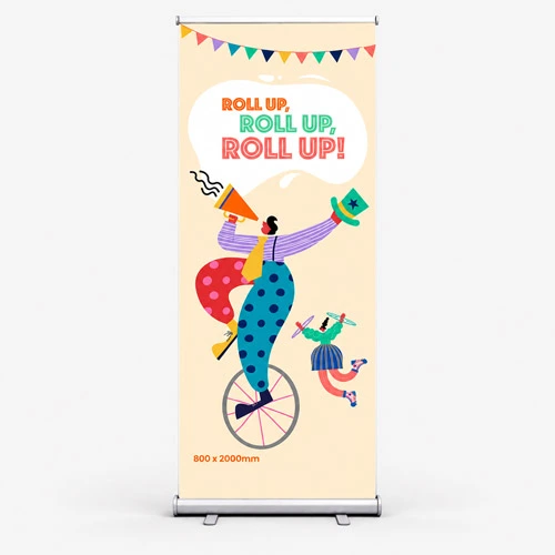 colourful circus-themed banner with a clown on a unicycle and the text "Roll up, roll up, roll up!.