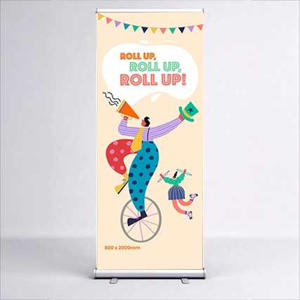 Colorful circus-themed banner with a clown on a unicycle and the text "Roll up, roll up, roll up!.