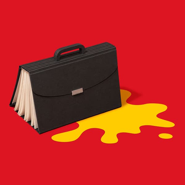 Black briefcase with visible papers sits beside a yellow spill on a solid red background.