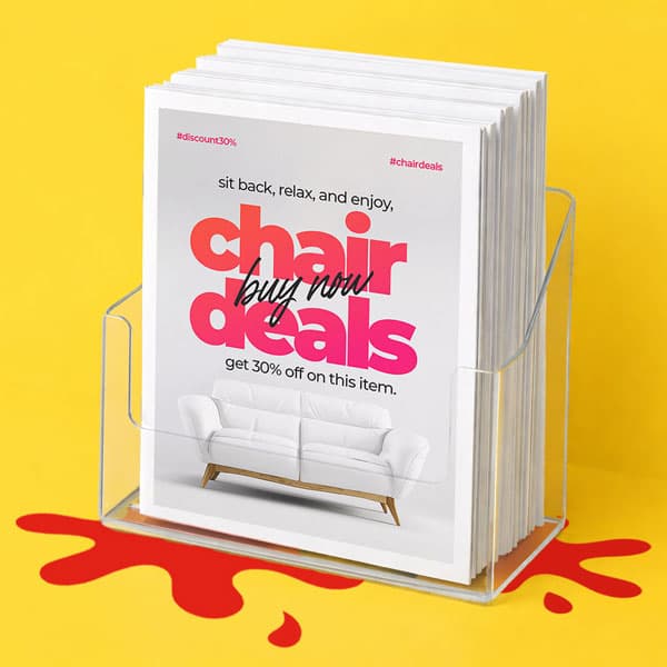 Stack of chair deals flyers in a clear holder against a yellow background with red paint spill.