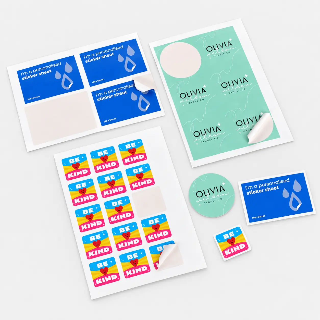Sheets of stickers featuring “Be Kind” slogans and “Olivia Wilson Candle Co.” branding.