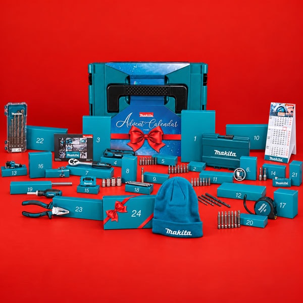 Makita tool advent calendar with numbered gift boxes and various accessories on a red background.