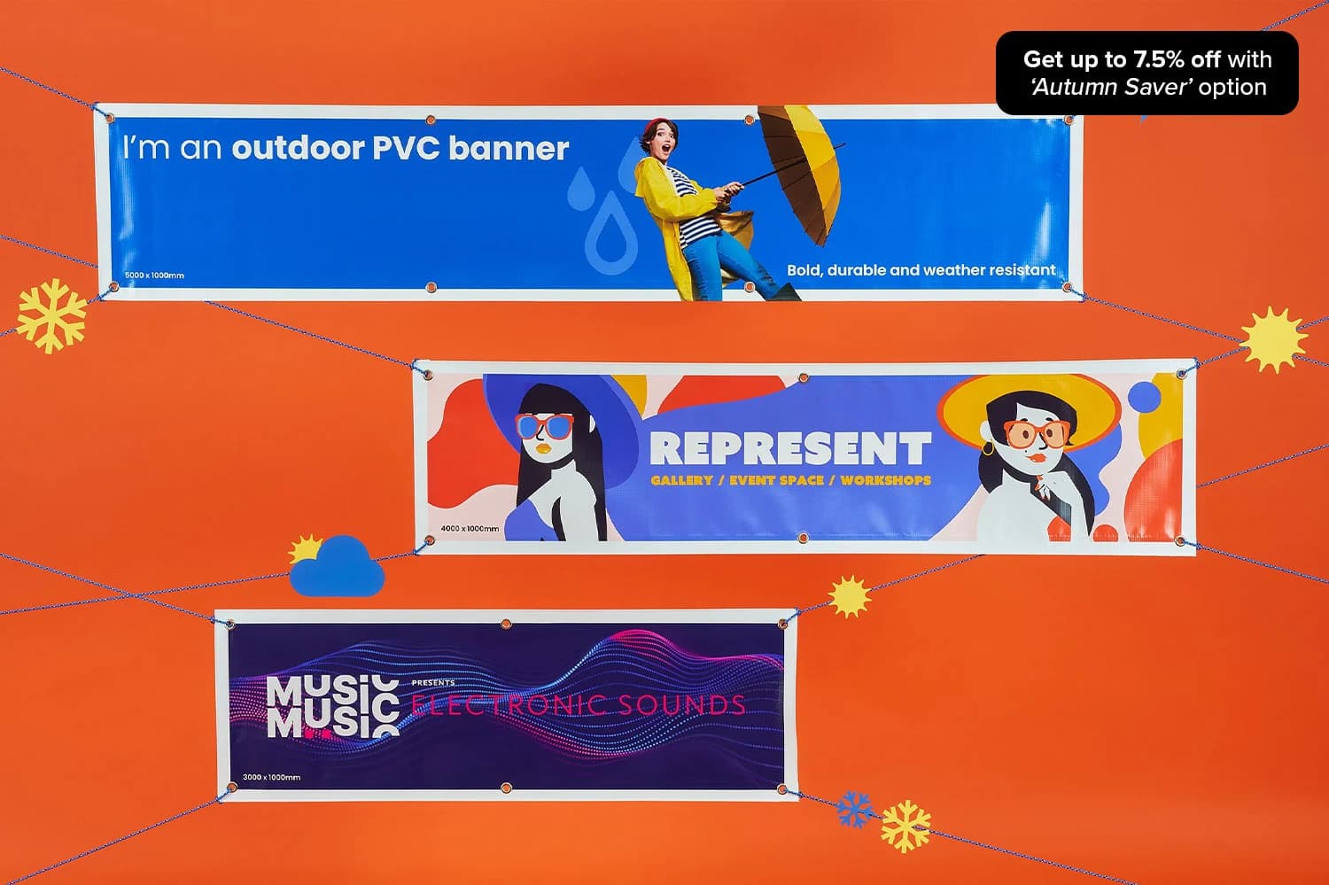 Three horizontal rectangular banners with different designs displayed against an orange background.