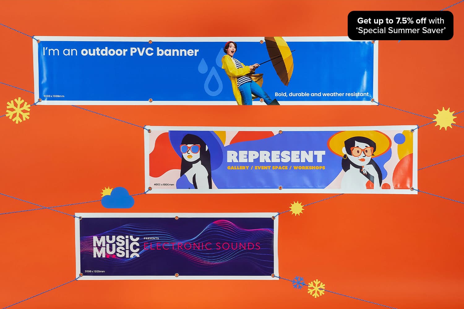 Three colourful horizontal PVC banners displayed on an orange wall, advertising up to 7.5% off as part of a Summer Savers campaign.