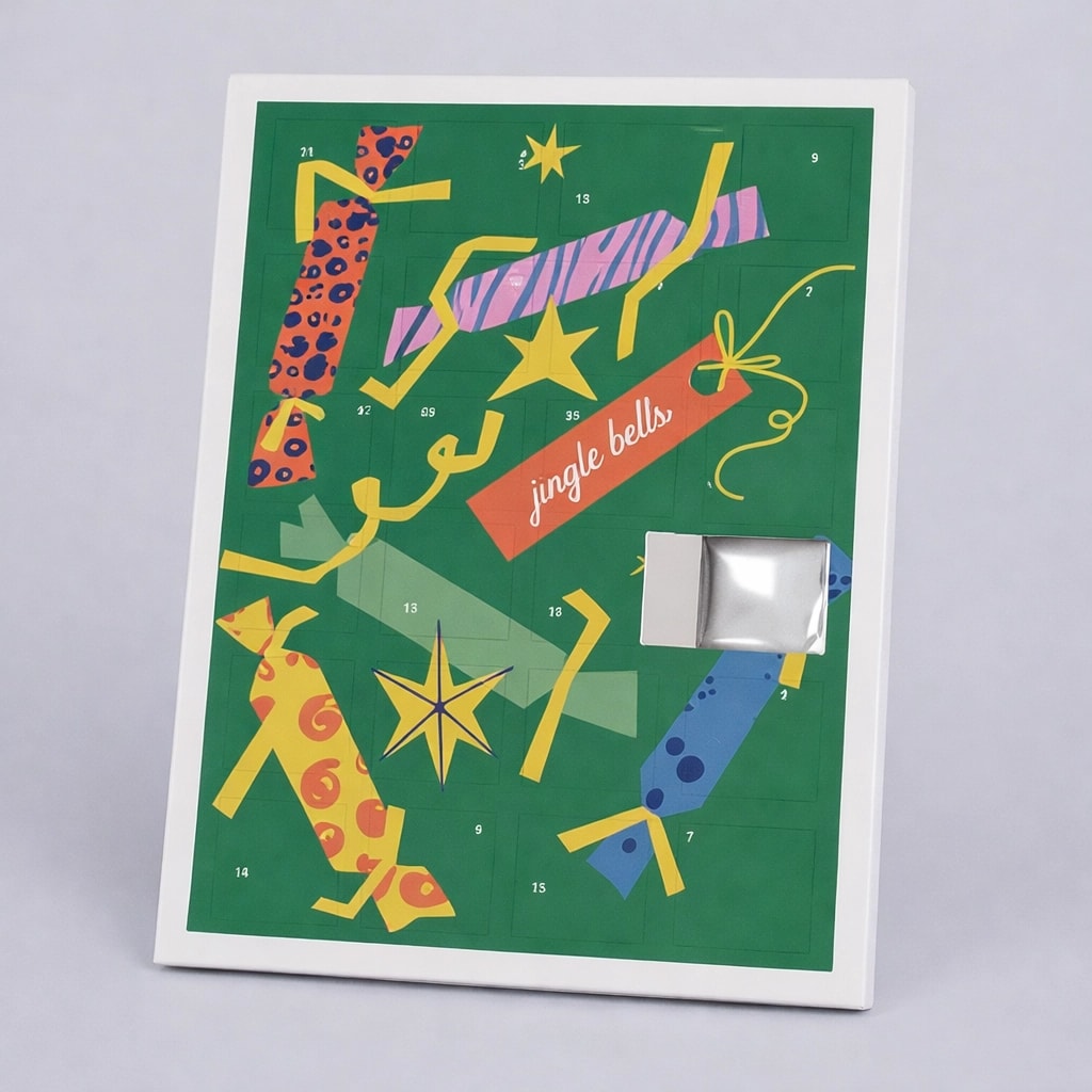 A green christmas advent calendar with colorful designs and one open door showing inside.