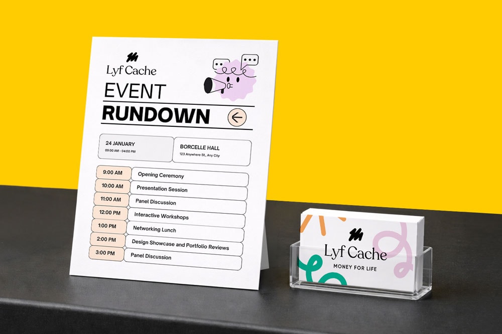 Event schedule and business card for "Lyf Cache" displayed on a dark surface with yellow background.