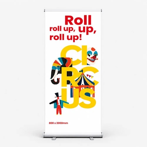 Circus-themed banner with clown, elephant, and text: "Roll up, up, up! CIRCUS".