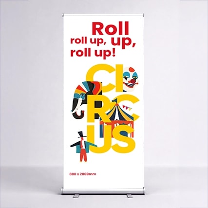 Circus-themed banner with clown, elephant, and text: "Roll up, up, up! CIRCUS".