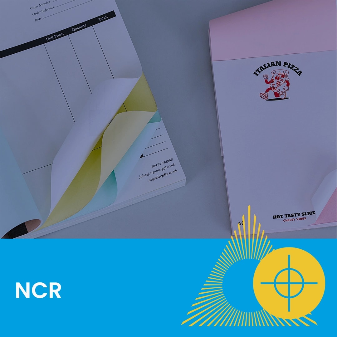 A multi-part NCR form and a branded notepad with an Italian Pizza logo lie on a table.