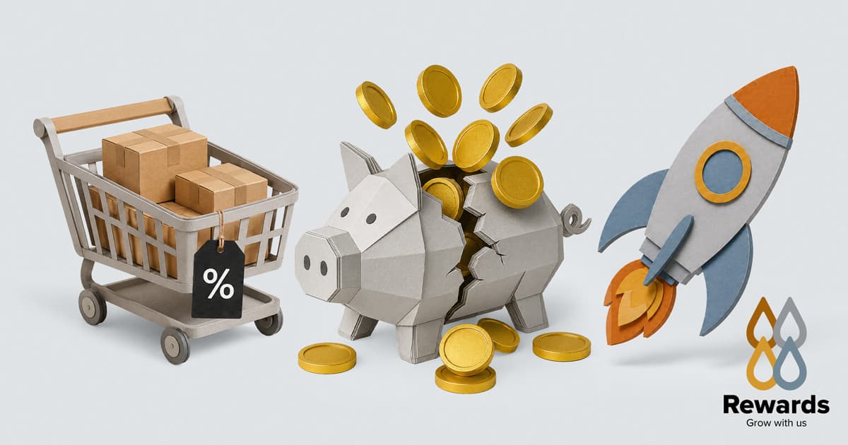 A shopping cart, a cracked piggy bank with coins, and a rocket with a rewards logo.
