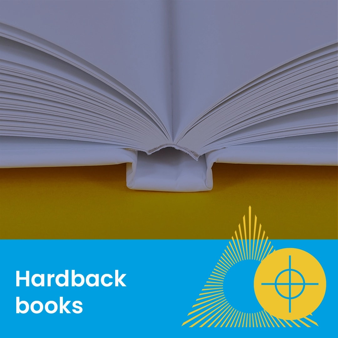 Open hardback book on yellow background with the words "Hardback books" in a blue box below.