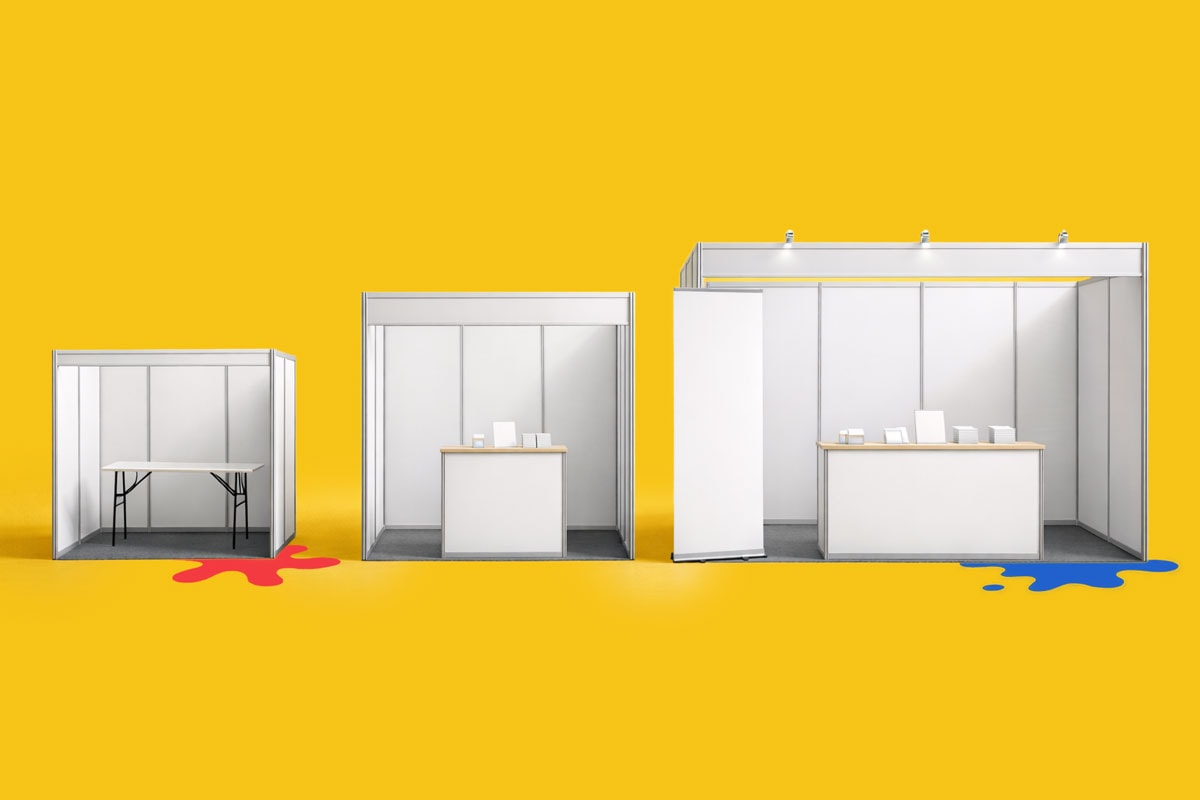 Three different-sized white trade show booths on a yellow background with red and blue paint splashes.