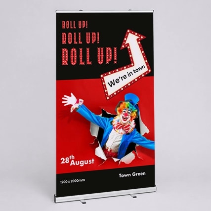 Circus-themed banner with clown, event date 28th August, and "We're in town" message.